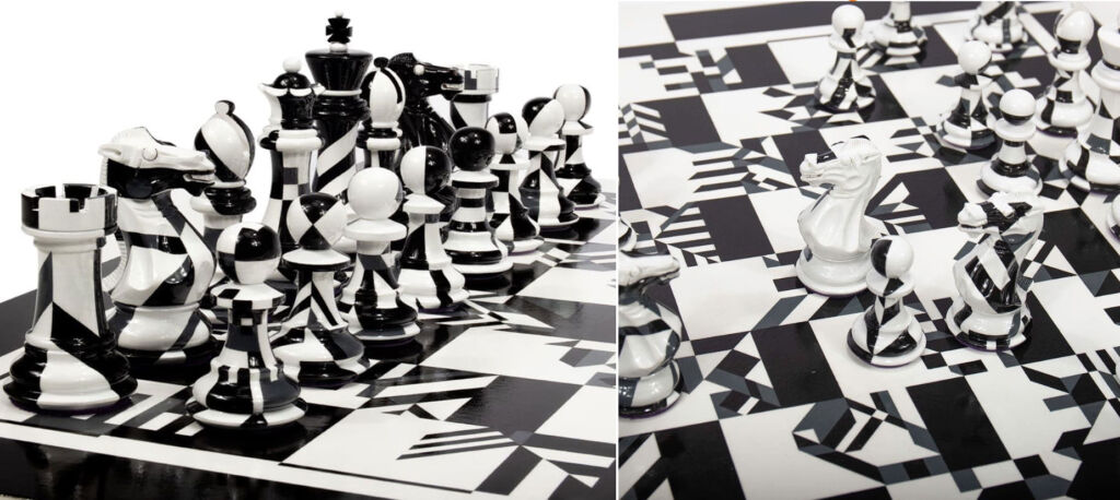Two images showing the detailing on the board and pieces with Willum Morsch's Dazzle Dawn Chess