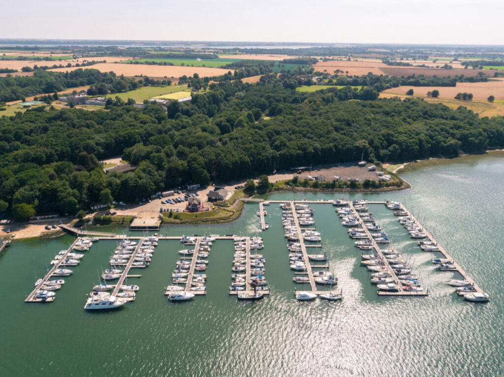 An aerial view of the marina