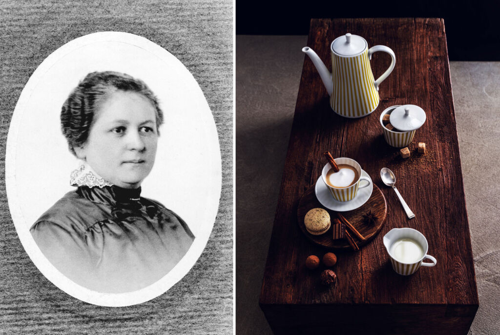 Two photos, one of Madame Bentz, the other with some freshly made coffee on a table