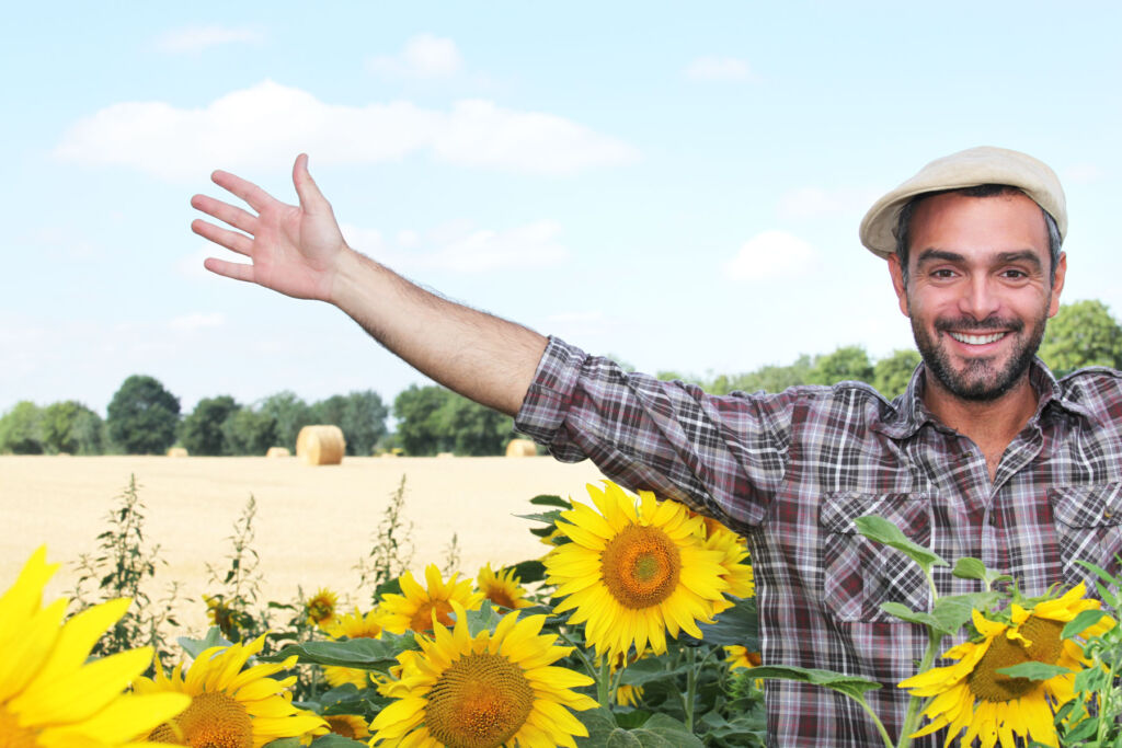 An excited man standing among sunflowers on a sunny day