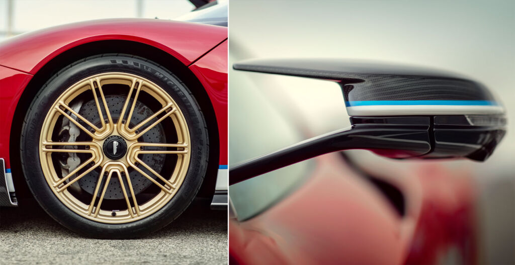 Two images, the first showing the ten spoke gold alloy wheel, the second shows the detailing on the wing mirror