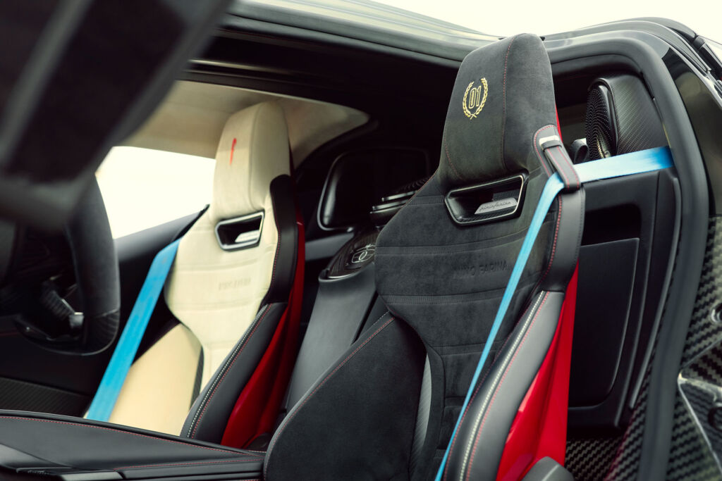A close up look at the contrasting coloured driver and passenger seats