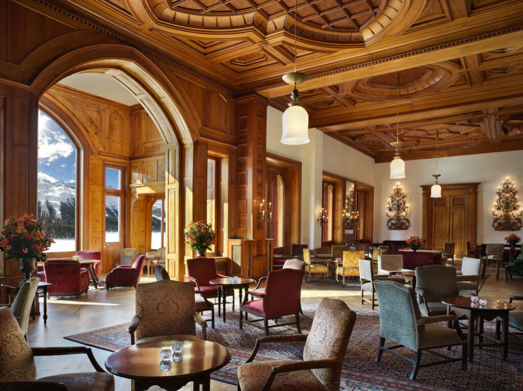 Inside the guest lounge with its spectacular wood panelled ceiling