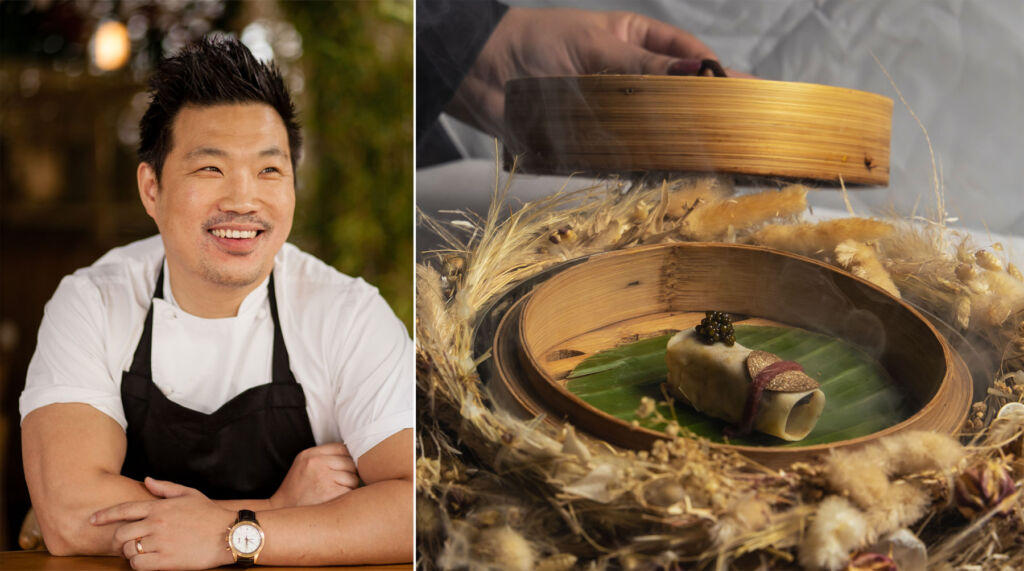 Two images, the first of Chef Andrew Wong and the second showing one of his expertly prepared steamed dishes
