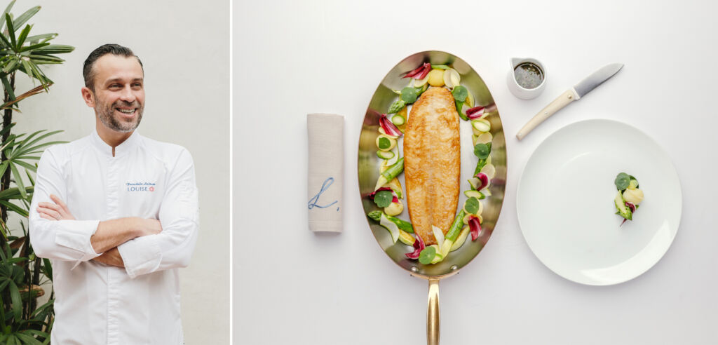 Two images, the first of Chef Franckelie Laloum and the second showing one of his fish dishes
