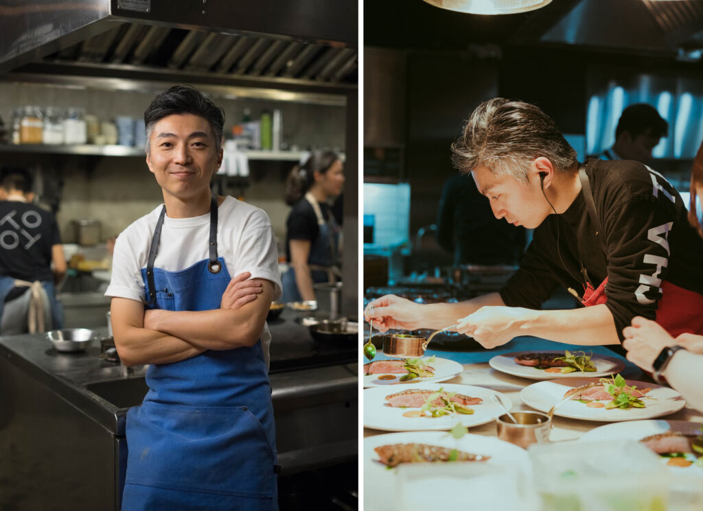 Two photos of Chef Richie Lin of Mume from Taiwan, one in relaxed mode, the other at work in the kitchen
