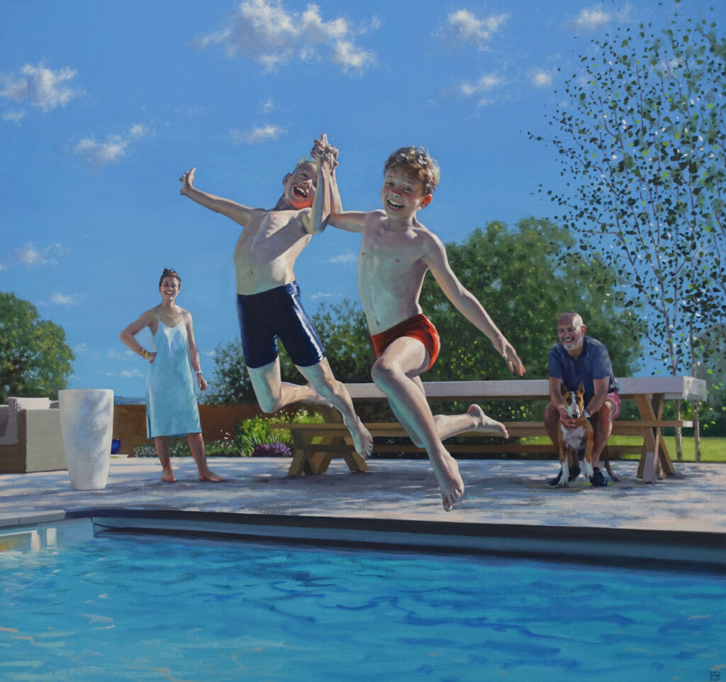 A painting capturing the moment when two young boys jumped into a swimming pool holding hands