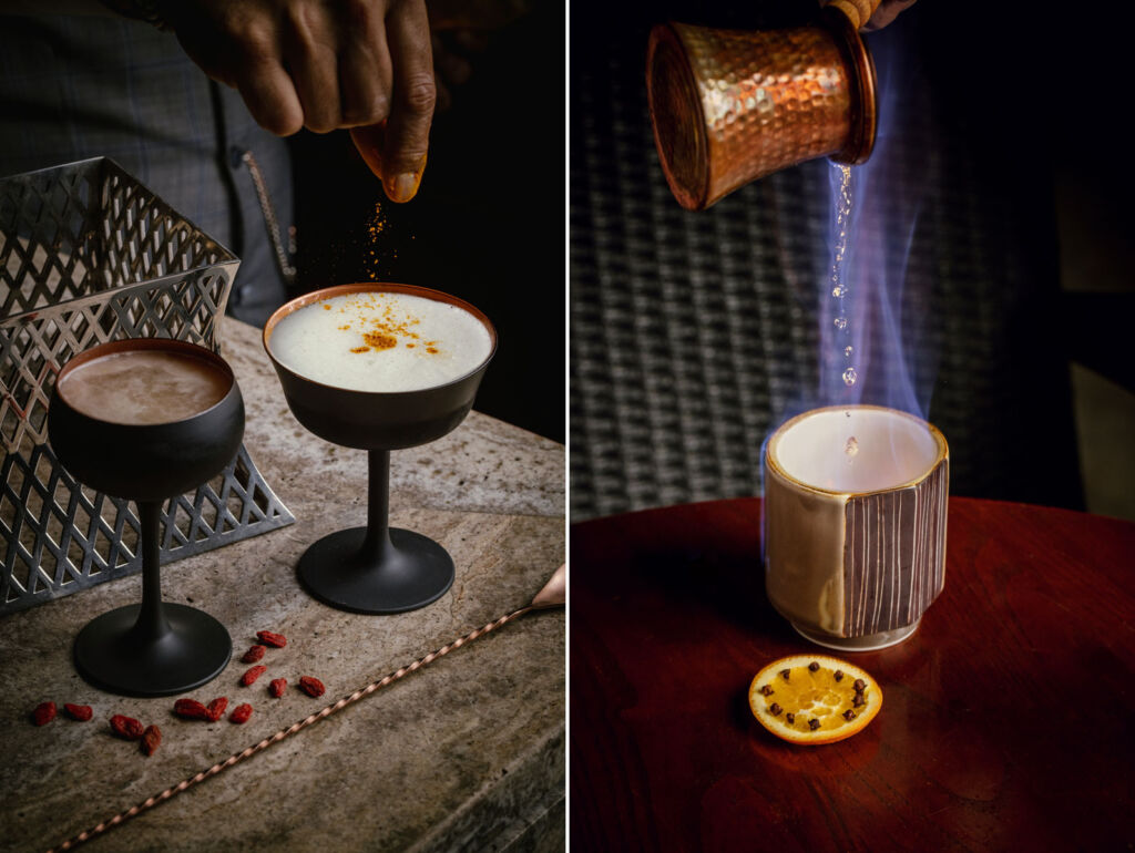 Two photos showing the theatrically prepared cocktails