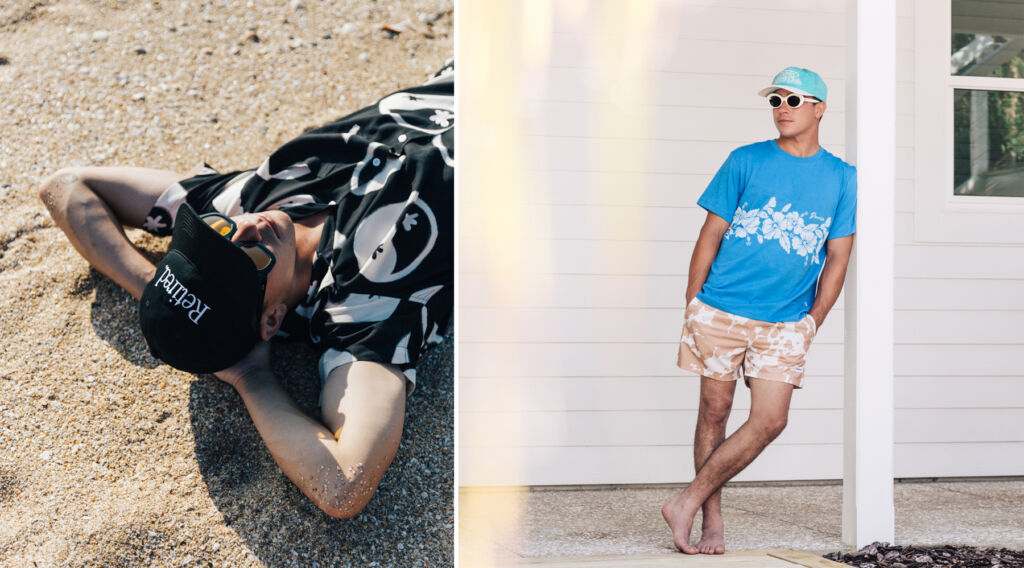 Two photos showing a male model wearing items from the new collection
