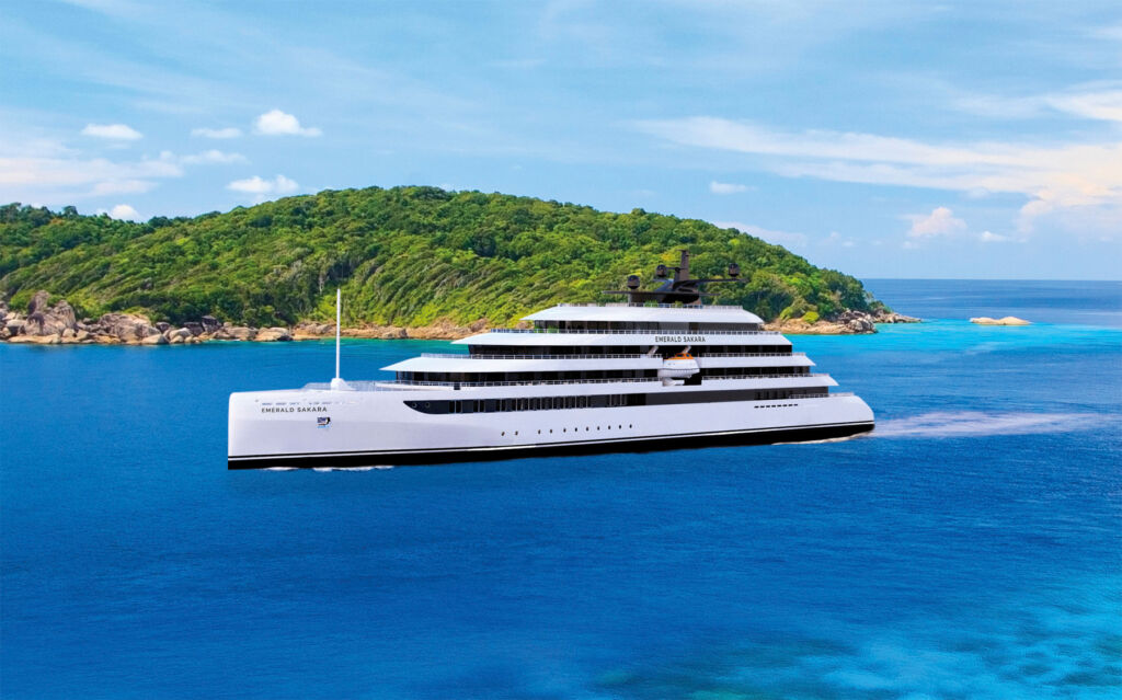A rendering of the luxury yacht sailing past an island