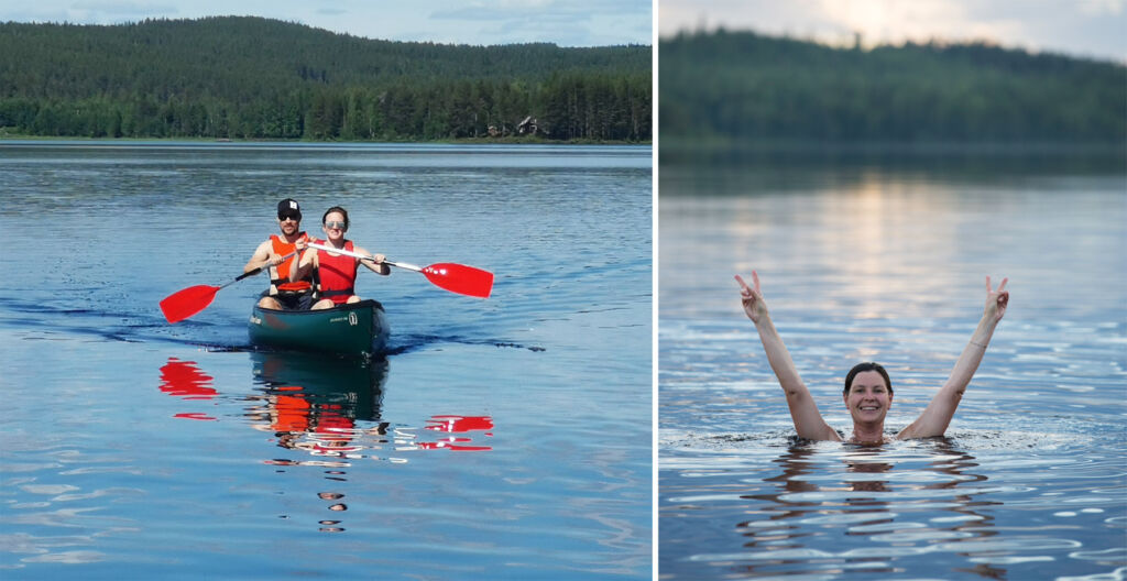 Two images, the first of a couple kayaking on the water, the second of a woman wild swimming