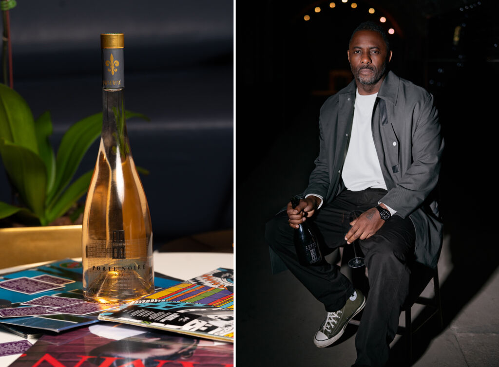 Two images, the first of a bottle of Porte Noir, the second of the actor Idris Elba seated holding a glass and bottle