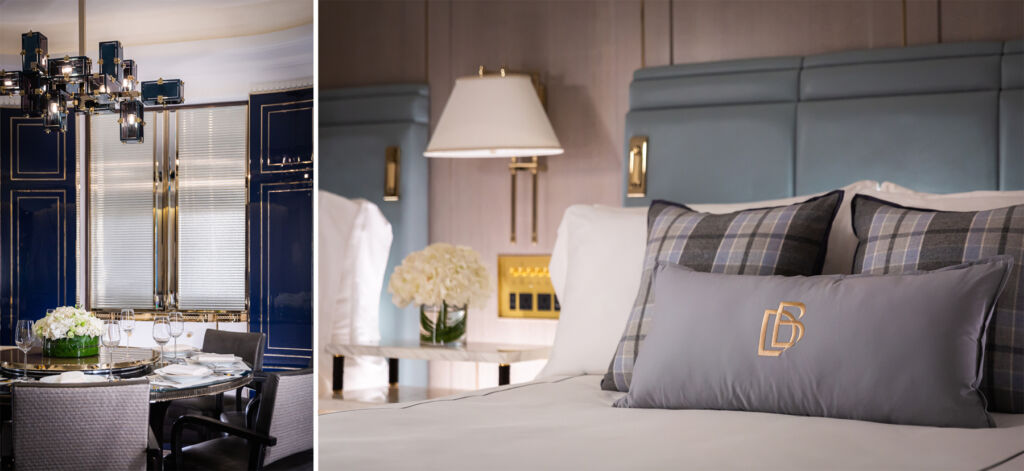 Two photos showing aspects of one of the David Beckham designed suites