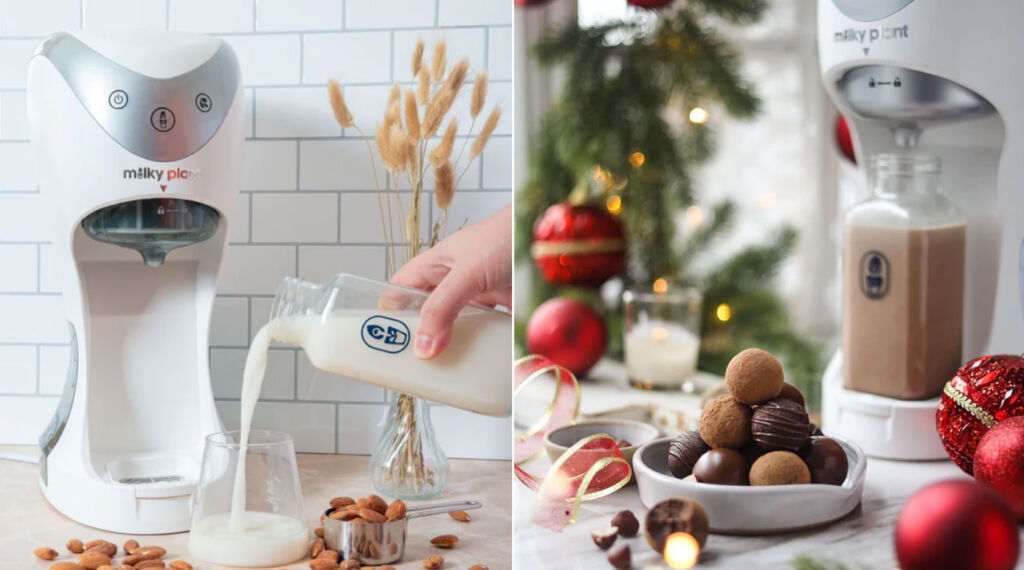Two photos, the first showing milk made with almonds and the second, a tasty dessert made with plant-based milk