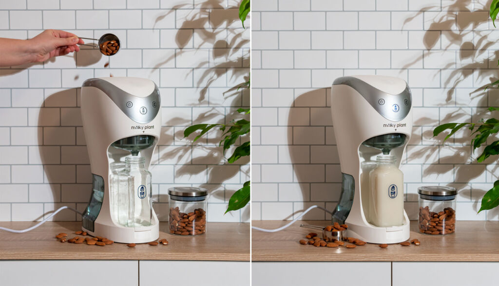 Two images showing how to use the milk making machine
