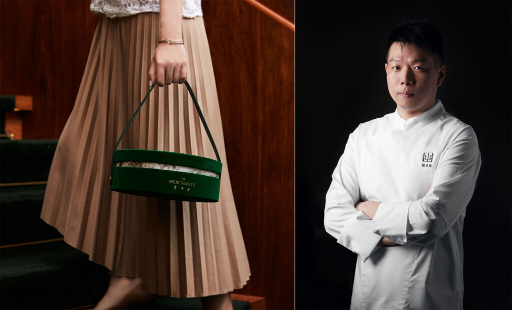 Two images, the first showing a woman carrying one of the cake boxes up stairs and the other shows Chef Chen Tian Long