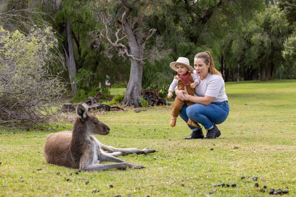 A mother and her son meeting a Kangaroo in Yanchep National Park