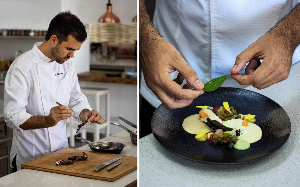 An image showing one of the chefs preparing a dish and another showing one of the beautifully presented dishes