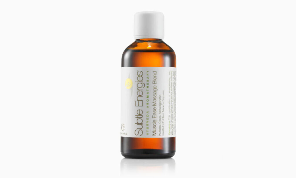 A bottle of the Muscle Ease Massage Blend on a white background