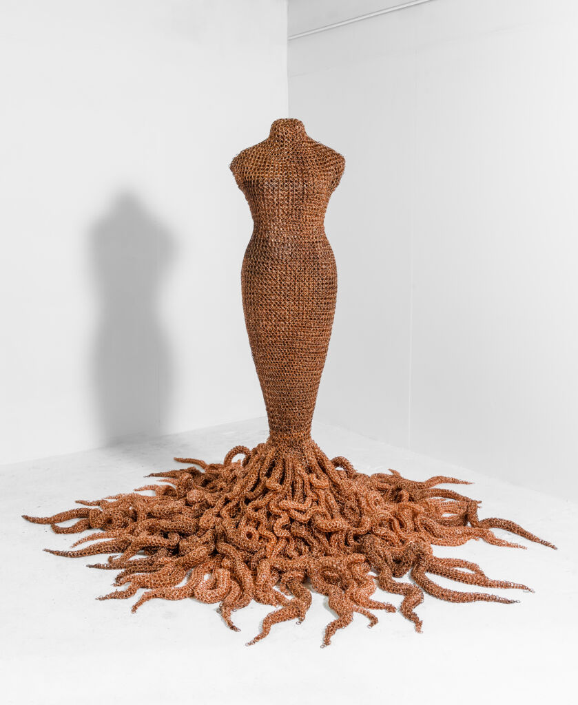 Susie MacMurray, Medusa, 2014-15, Handmade copper chain mail over fibreglass and steel armature, 182.9 x 243.8 x 243.8cm