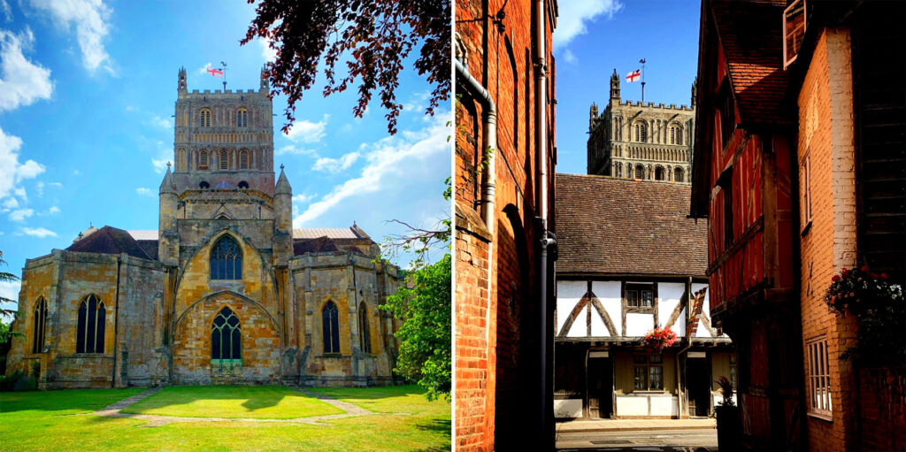 Two images, one of the historic Abbey, the other showing the the Tudor buildings in the town centre