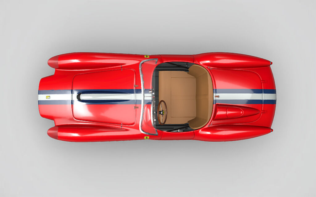 A top down view of one of the cars in red paint with a tan leather interior