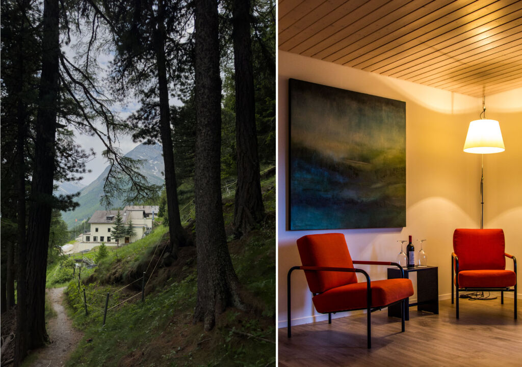 Two images, one showing the path from the hotel into the forest, the other a comfortable seating area inside the hotel
