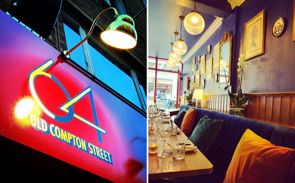 A photograph of the restaurant signage and another of the seating inside the restaurant