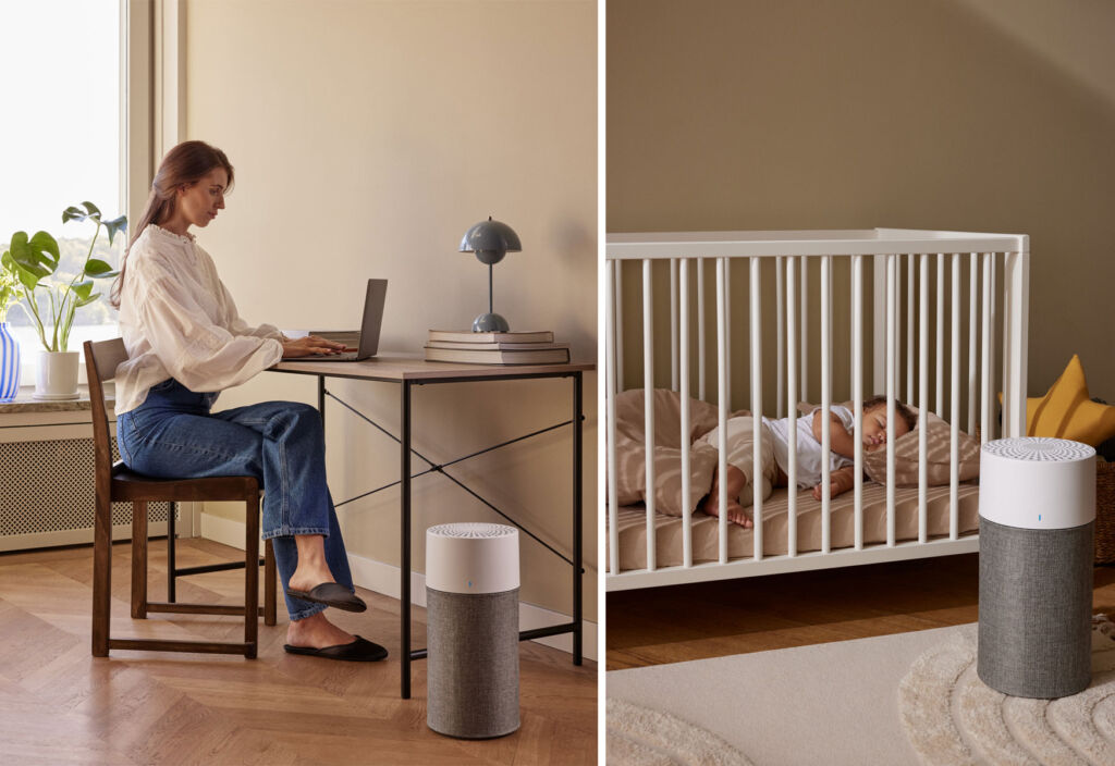 Two photographs, one showing a woman using an air purifier while working at home and the other of a baby sleeping in its cot