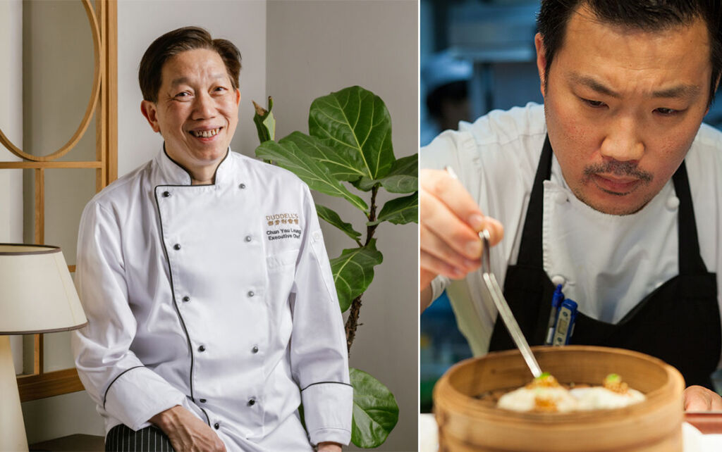 
Two photographs showing each of the chefs creating the special dinner event