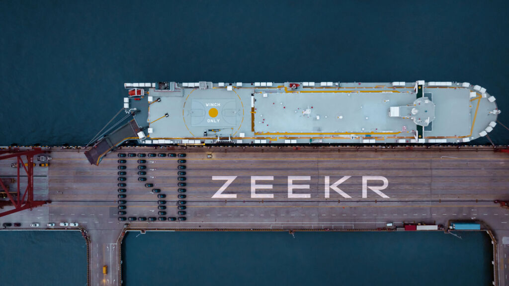 An aerial view of the container ship