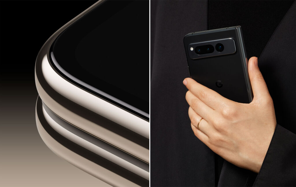 Two photographs, one showing the gapless design, the other showing the phone being held with one hand