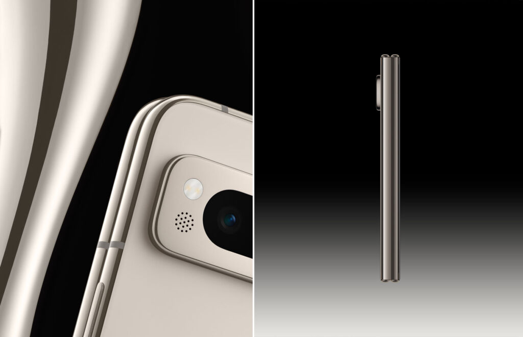 Two photographs, one showing the phone set up, the other showing how slim the phone is from a side profile
