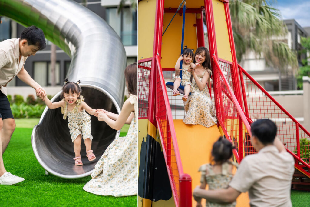 Two images showing parents having fun with their young daughter playing on the child-friendly facilities