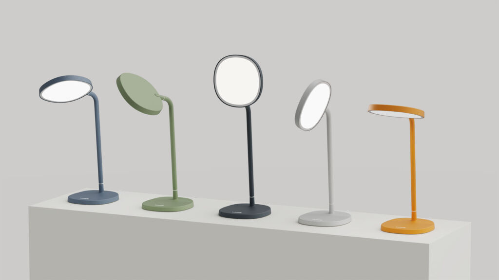 
A photograph of five lamps in the different colours currently available
