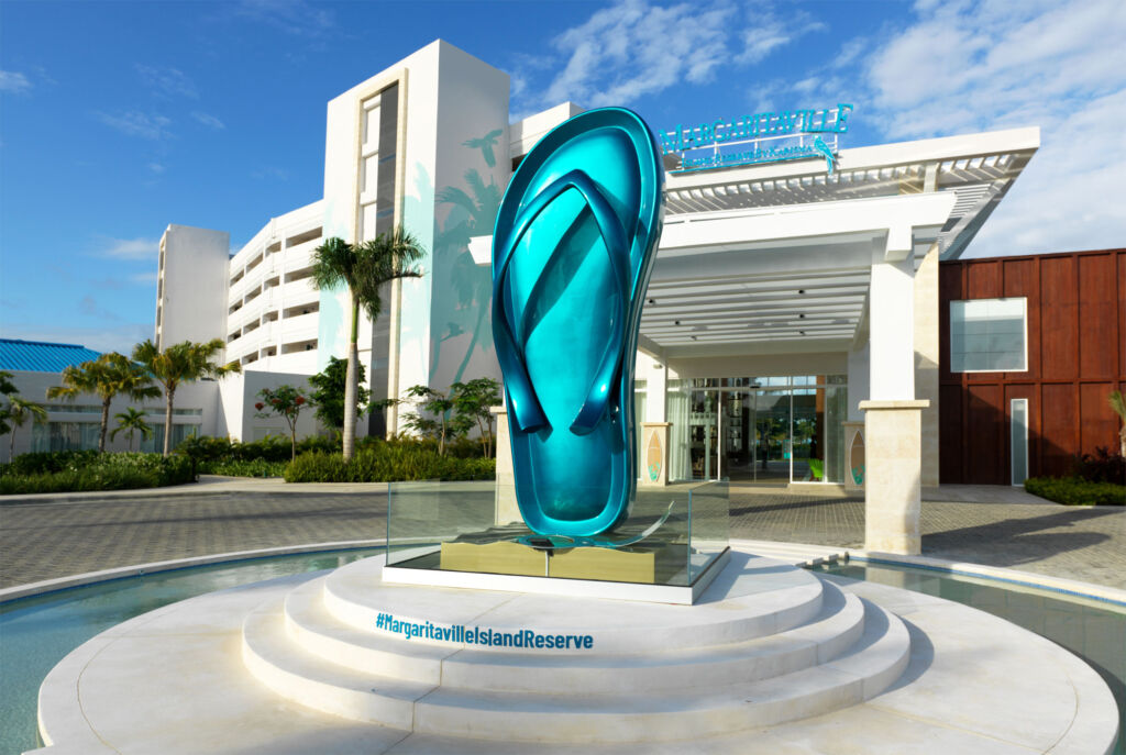 The giant blue flip flop sculpture greeting guests arriving at the resort