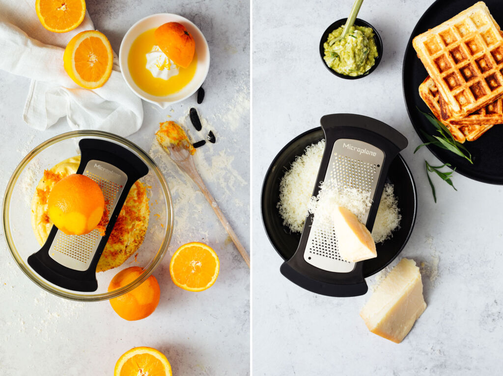 Two photographs of the bowl grated working with oranges and a hard cheese