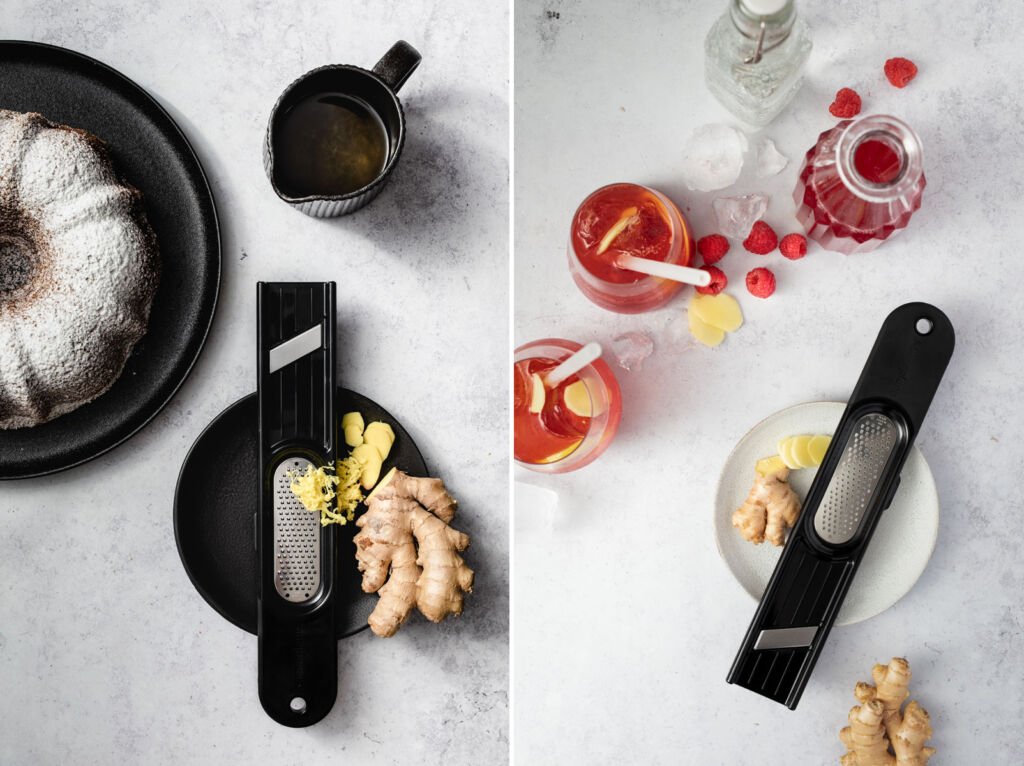Two photographs of the Ginger tool effortlessly working with hard ingredients