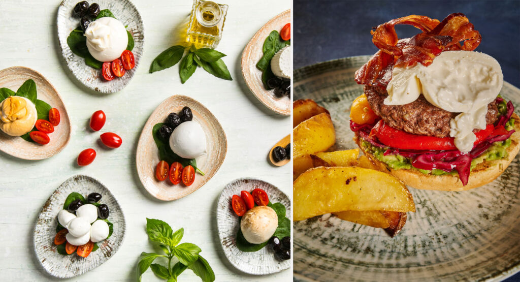 Two photographs showing mozzarella dish varieties
