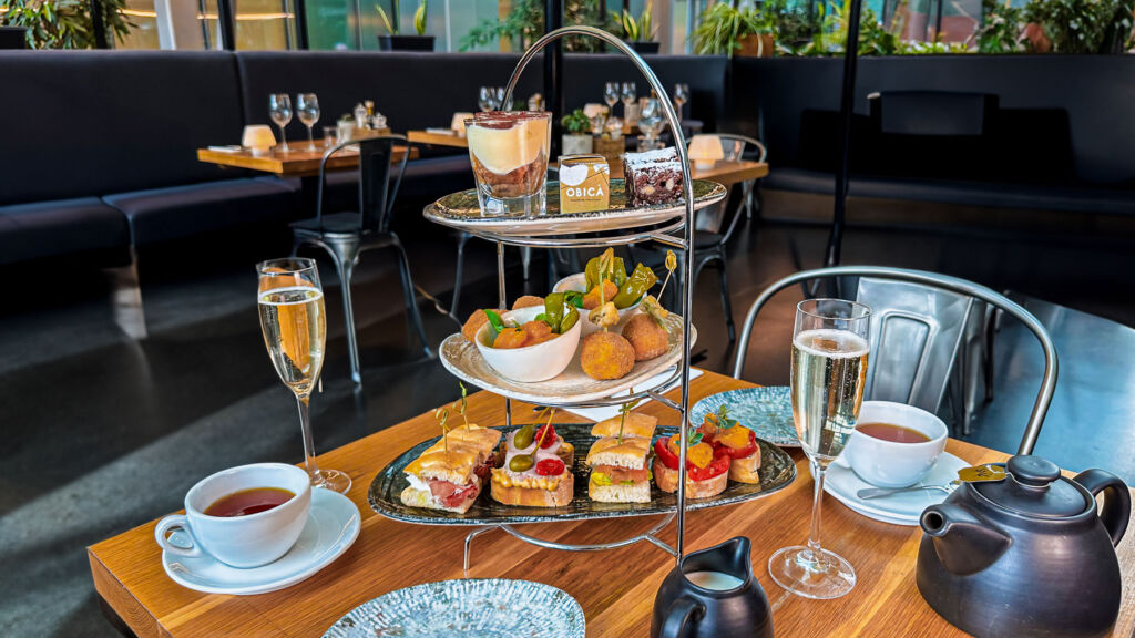A photograph of the restaurant's afternoon tea laid out on a table