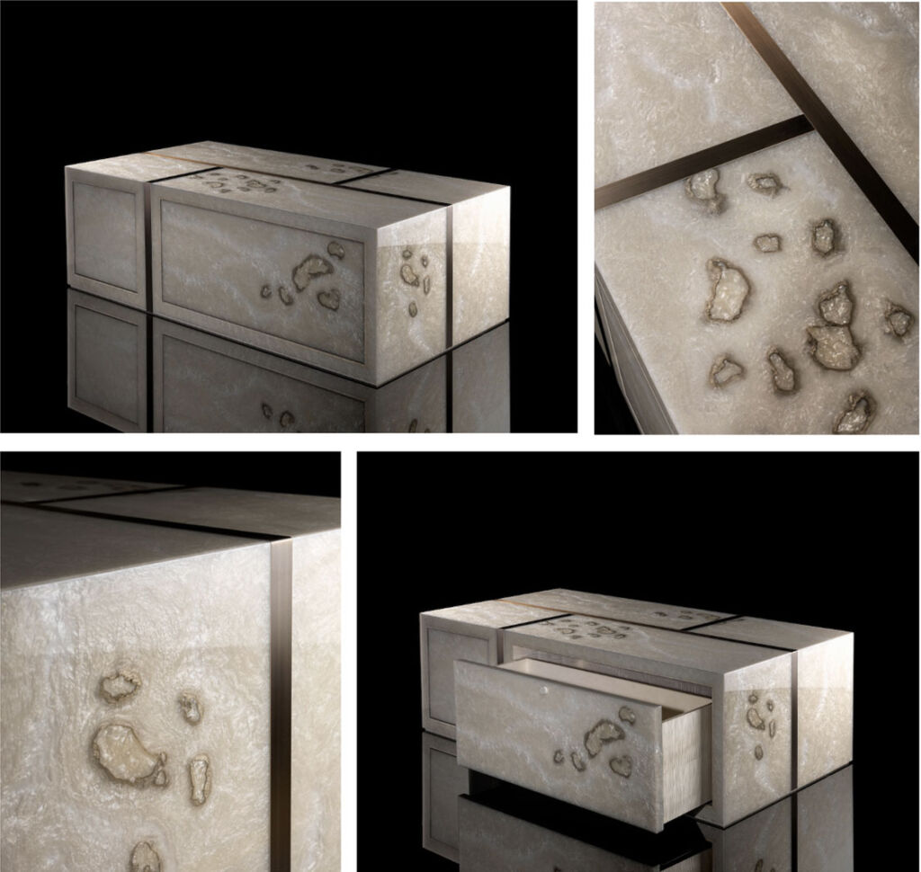 Four images showing the details on the lounge coffee table