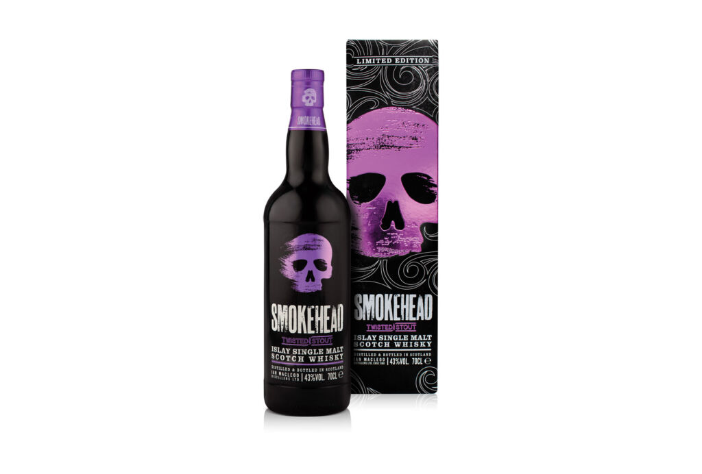The purple and black coloured box and bottle with the Smokehead limited edition Twisted Stout Islay Single Malt