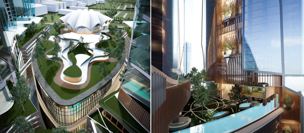 Two rendered images showing the outdoor spaces on the tower