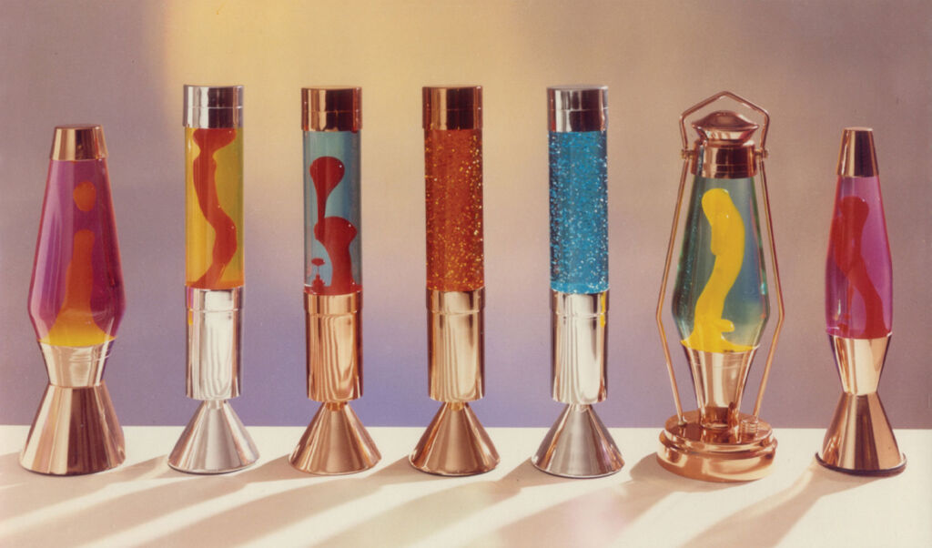 A photograph with the line up of the original lava lamps