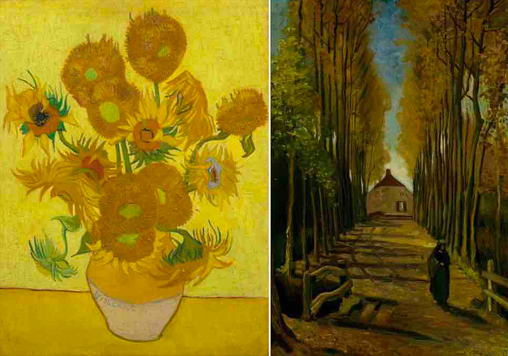 Two of Van Gogh's iconic painting, Sunflowers and Avenue of Poplars in Autumn