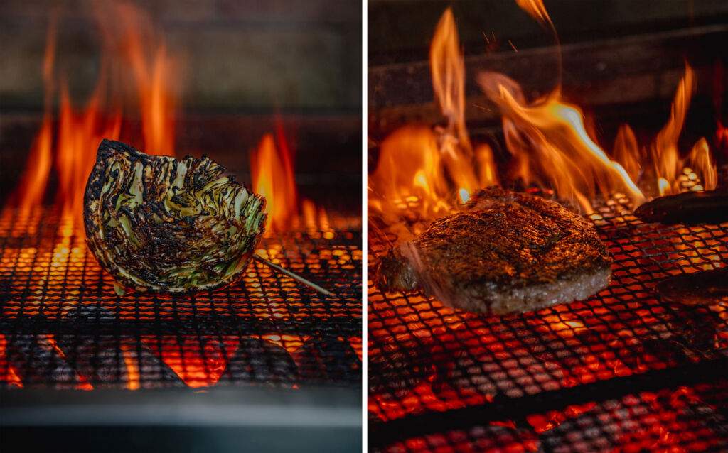 Two photographs showing vegetable and meat being grilled on the wood fire