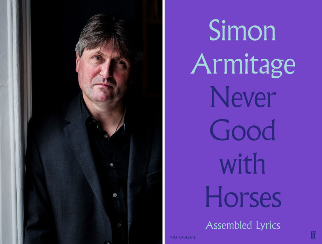 A photograph of Simon Armitage and one of the front cover of his book, Never Good with Horses