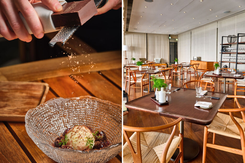 Two photos, the first showing the poached cherry dessert, the second, the restaurant's interior