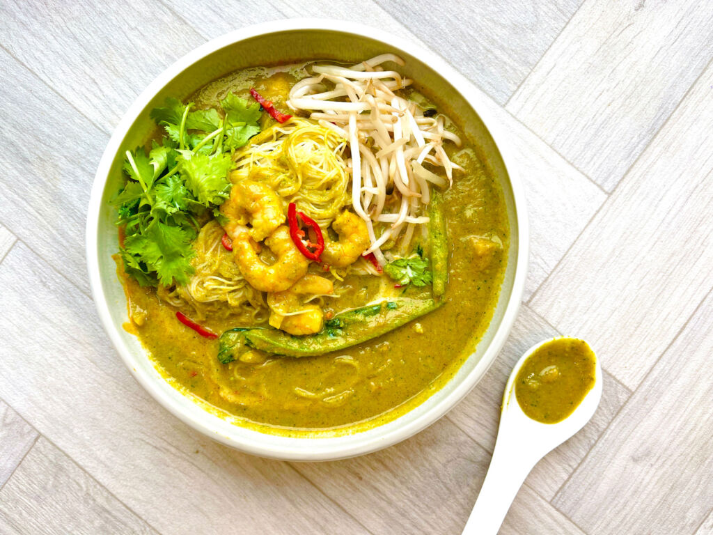 The healthy Indonesian Style Laksa dish in a white bowl
