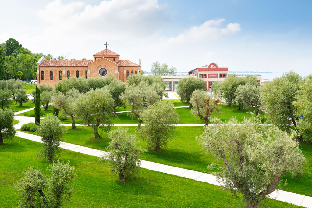 The church and olive trees on the island